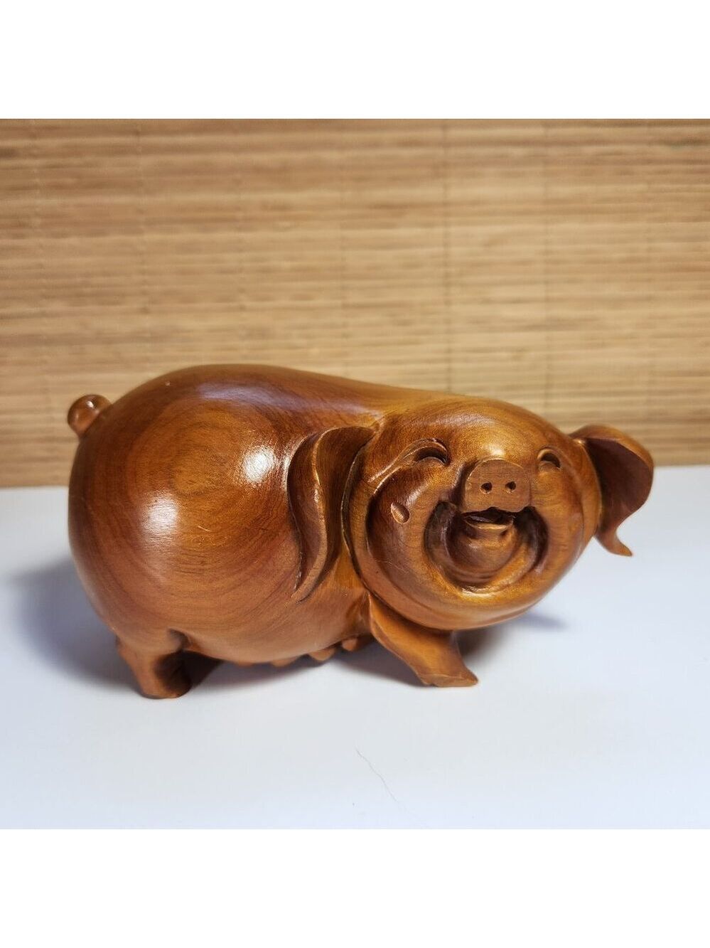 Vintage Hand Carved Wood Pig Figurine Laughing Chinese Folk Art Sculpture